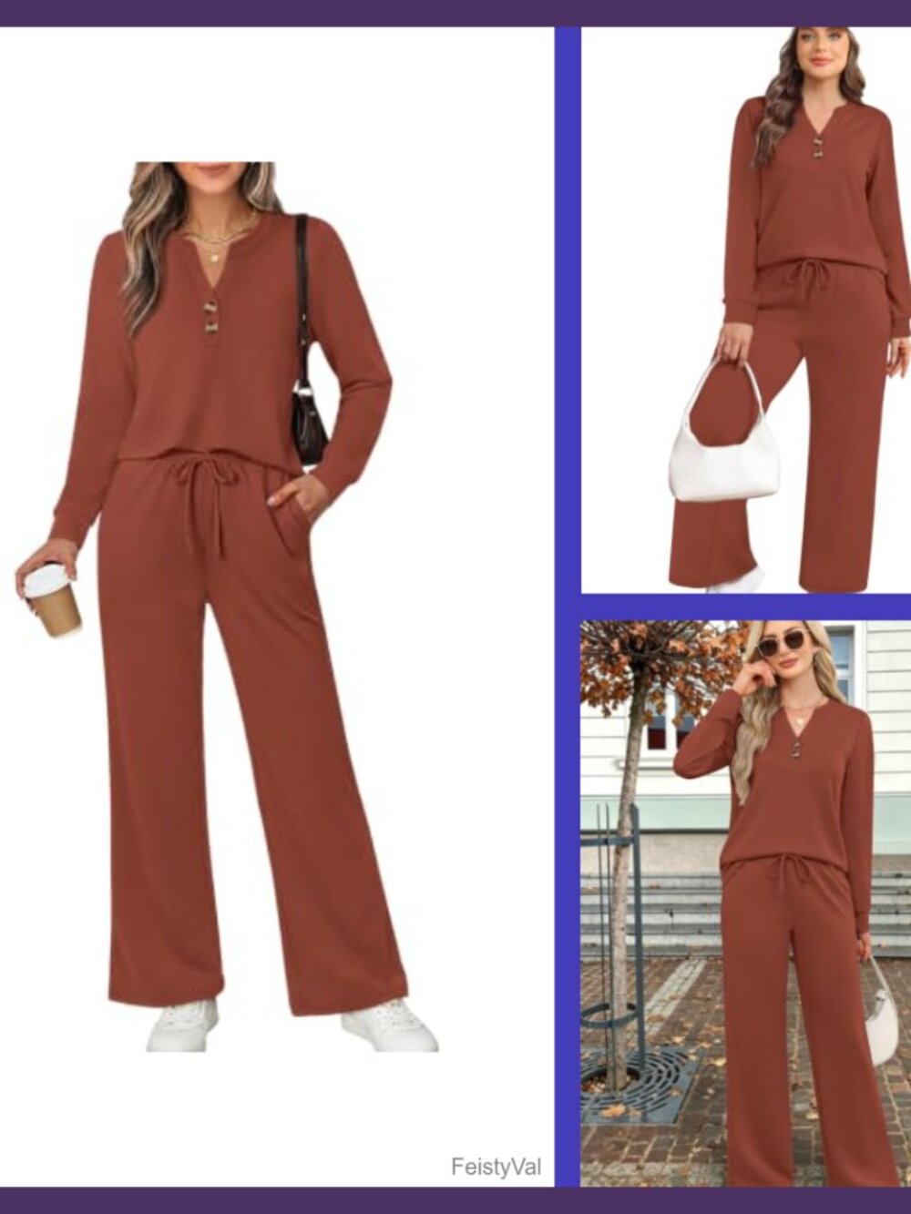Two Piece Lounge Set Wide Leg Pants Notched V-Neck Button Travel Outfit